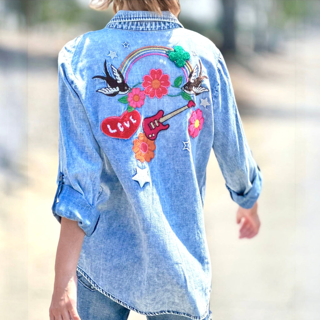 Birds of A Feather Embroidered Denim Shirt
