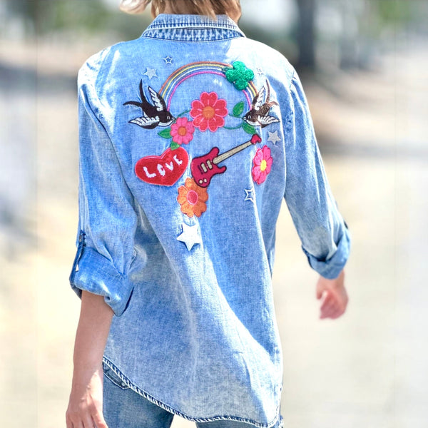 Birds of A Feather Embroidered Denim Shirt