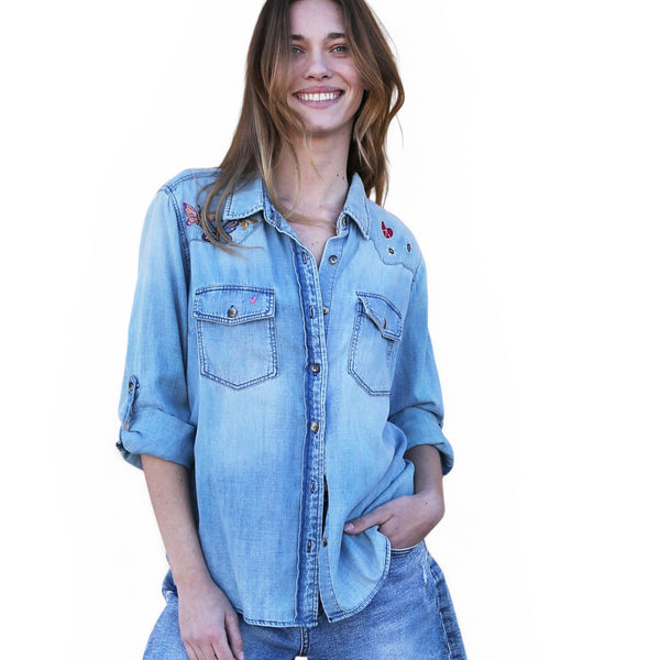 Butterly Kiss Embroidered Denim Shirt