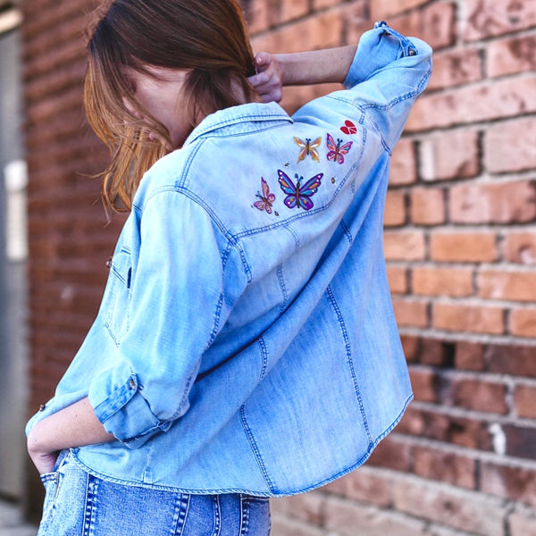 Butterly Kiss Embroidered Denim Shirt