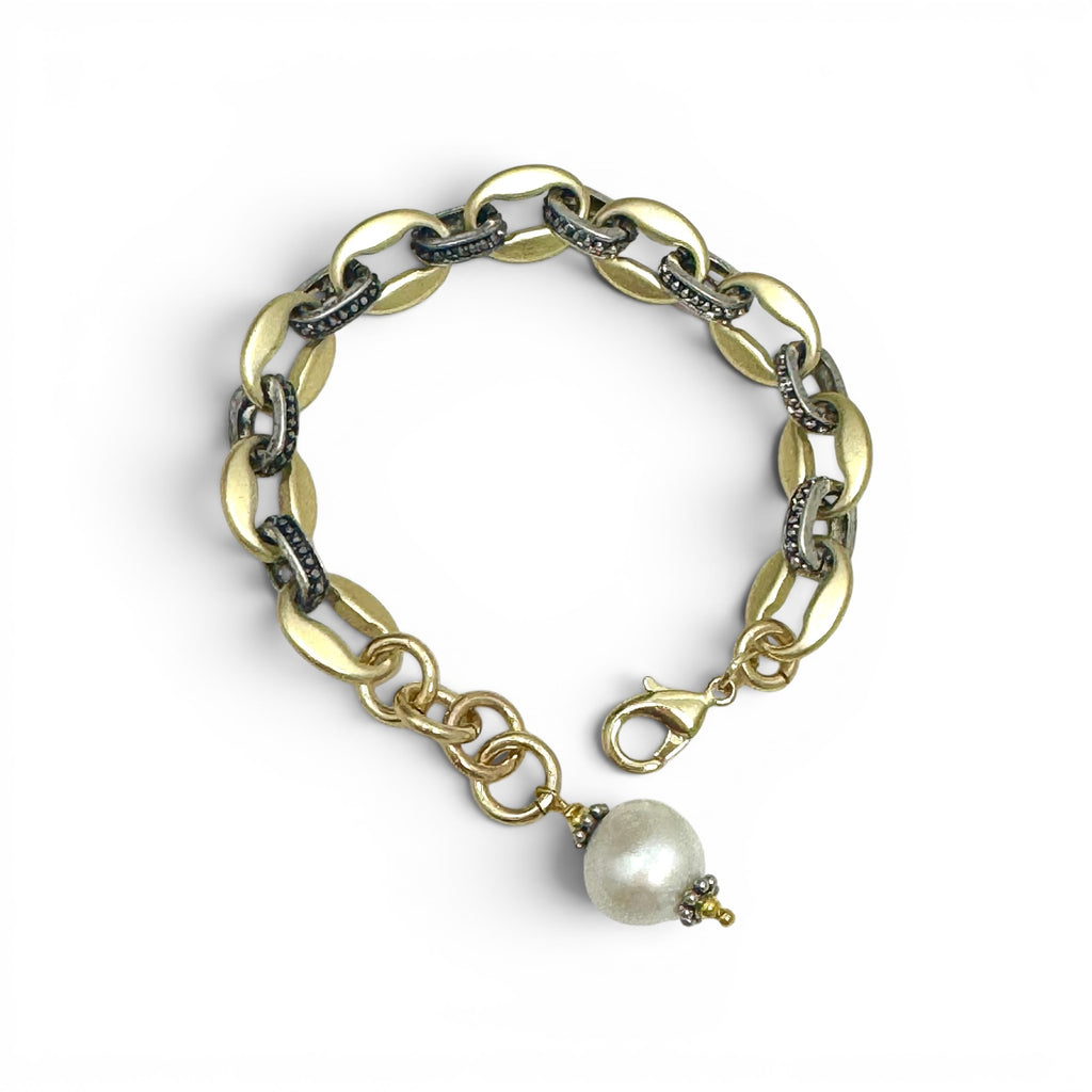 Two Tone Double Paperclip Link Bracelet with Pearl Drop