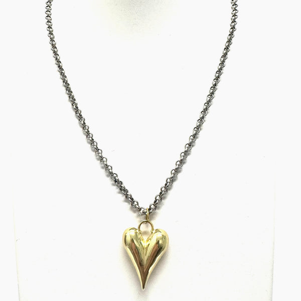 Gold Puffy Heart Necklace/Silver Chain