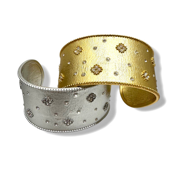 Wide Matte Bangle with CZs and Clovers
