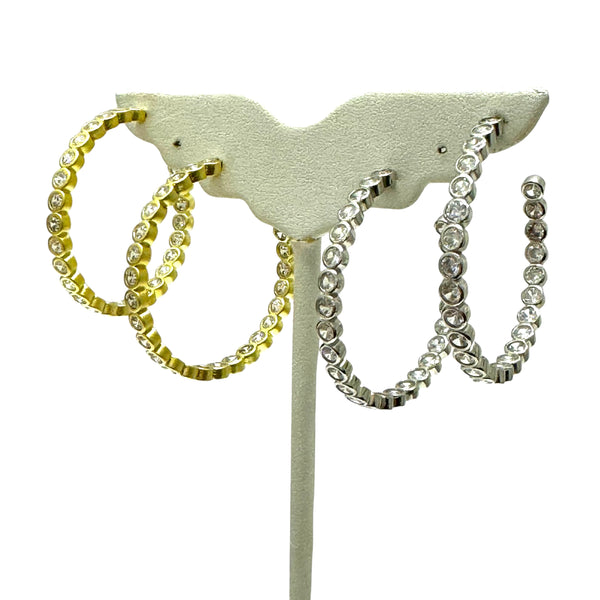 Sparkling CZ Bezel Set Silver Hoops