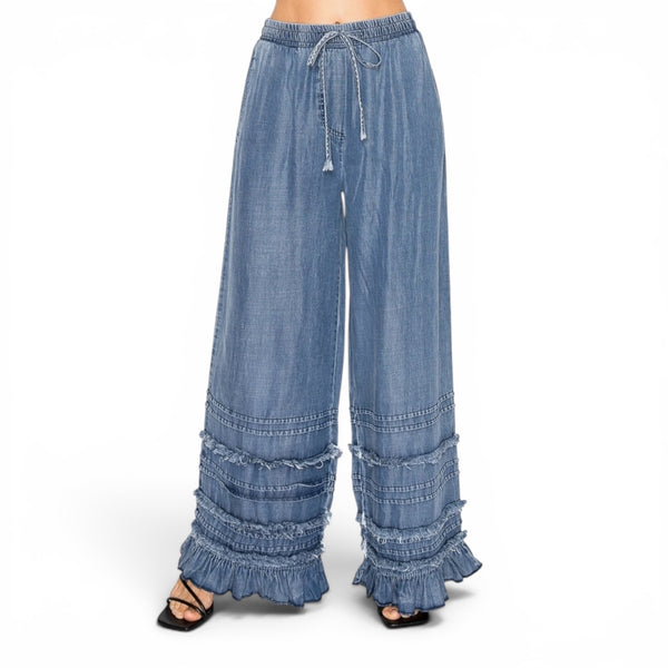 Boho Tiered Chambray Wide Leg Palazzo Pants (Blue or Black)
