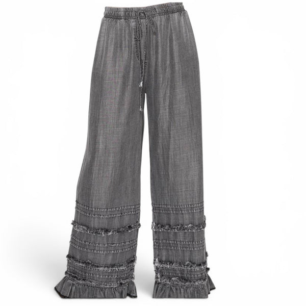 Boho Tiered Chambray Wide Leg Palazzo Pants (Blue or Black)