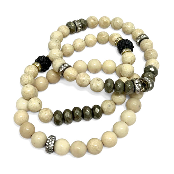 Natural Stone, Pyrite, and Cz Rondelles Stretch Bracelets