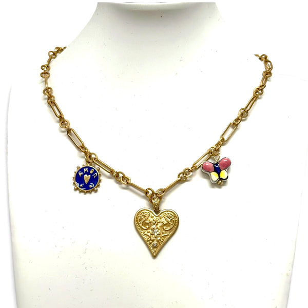 Multi Charm Necklace With Gold Heart