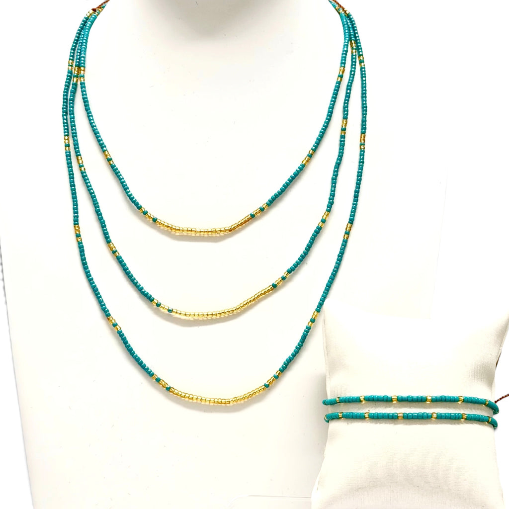 Adjustable 2mm Aqua and Gold Seed Bead Necklace or Bracelet From Greece