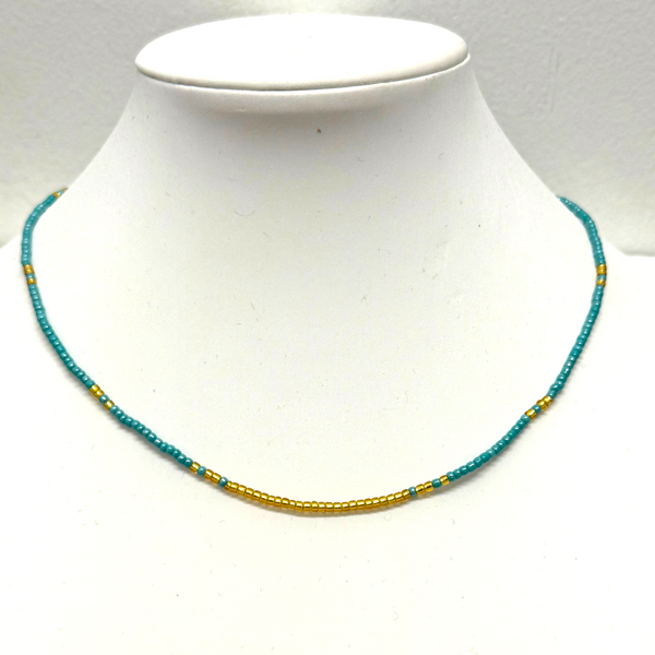 Adjustable 2mm Aqua and Gold Seed Bead Necklace or Bracelet From Greece