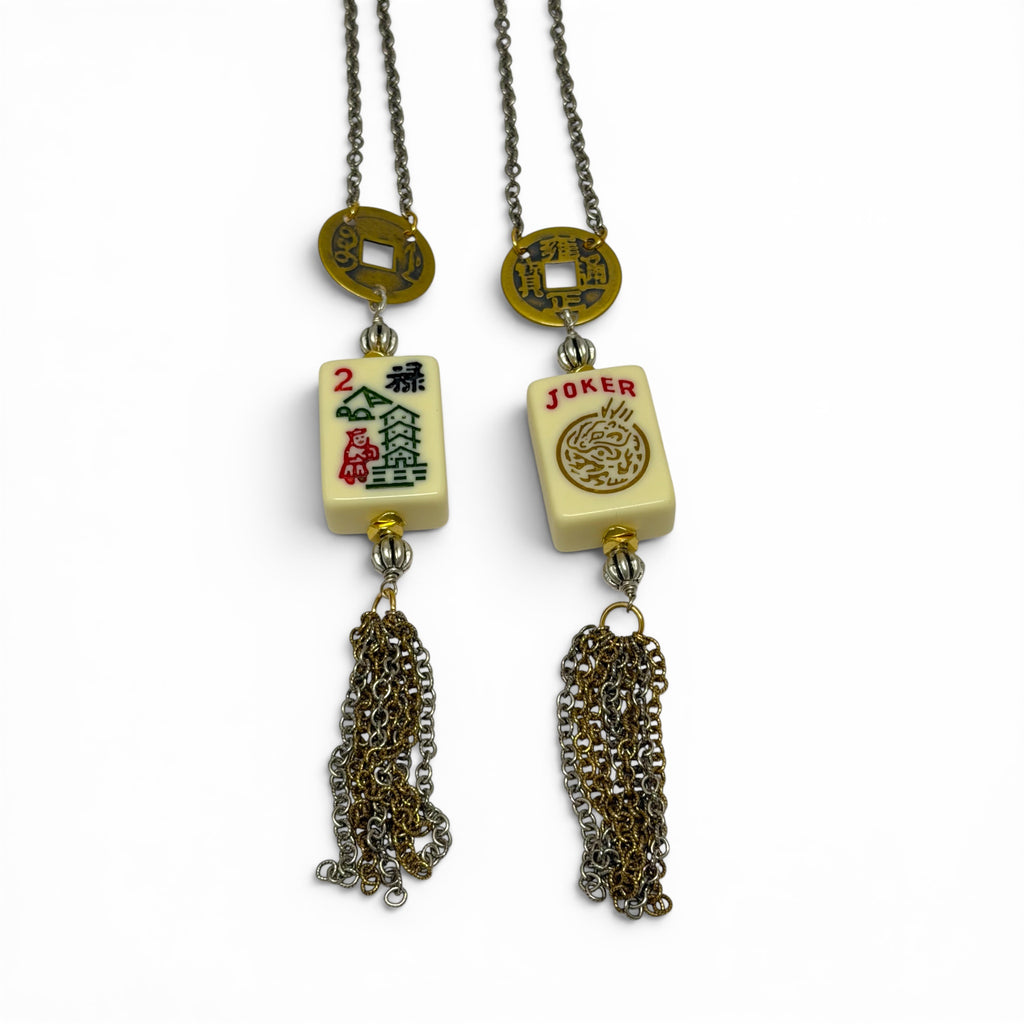 Mahjong Tile Tassel Necklace with Real Tile