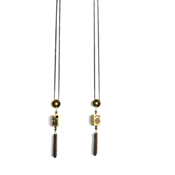 Mahjong Tile Tassel Necklace with Real Tile