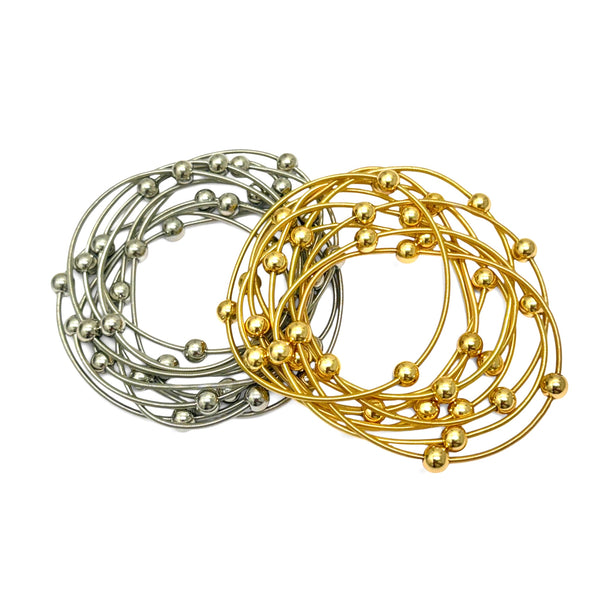 Set of 10 Piano Wire and 8mm Beaded Ball Stretch Bracelets