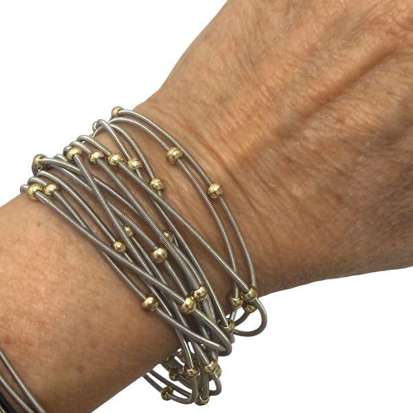 Set of 13 Silver Piano Wire and 4mm Gold Ball Bracelet