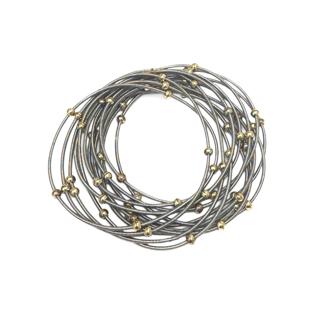 Set of 13 Silver Piano Wire and 4mm Gold Ball Bracelet
