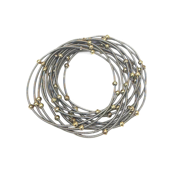 Set of 13 Silver Piano Wire and 4mm Gold Ball Bracelet