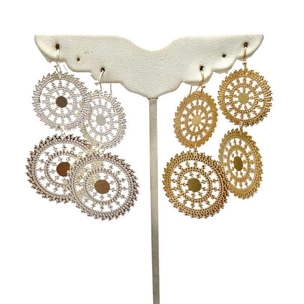 Thin Double Wheel Drop Filigree Earrings
