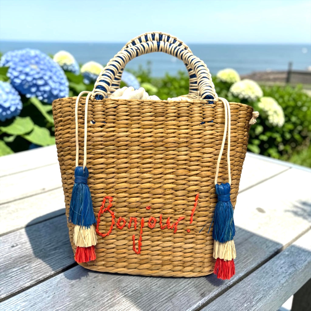 Handwoven Bag with Embroidered Bonjour