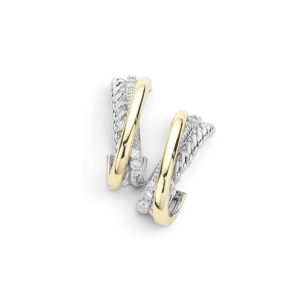 14K Gold Plated Two Tone Cz Crisscross Rope Half Hoop Earrings