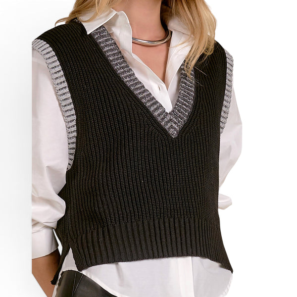 Elan Contrast Trim Chunky Knit Sweater Vest