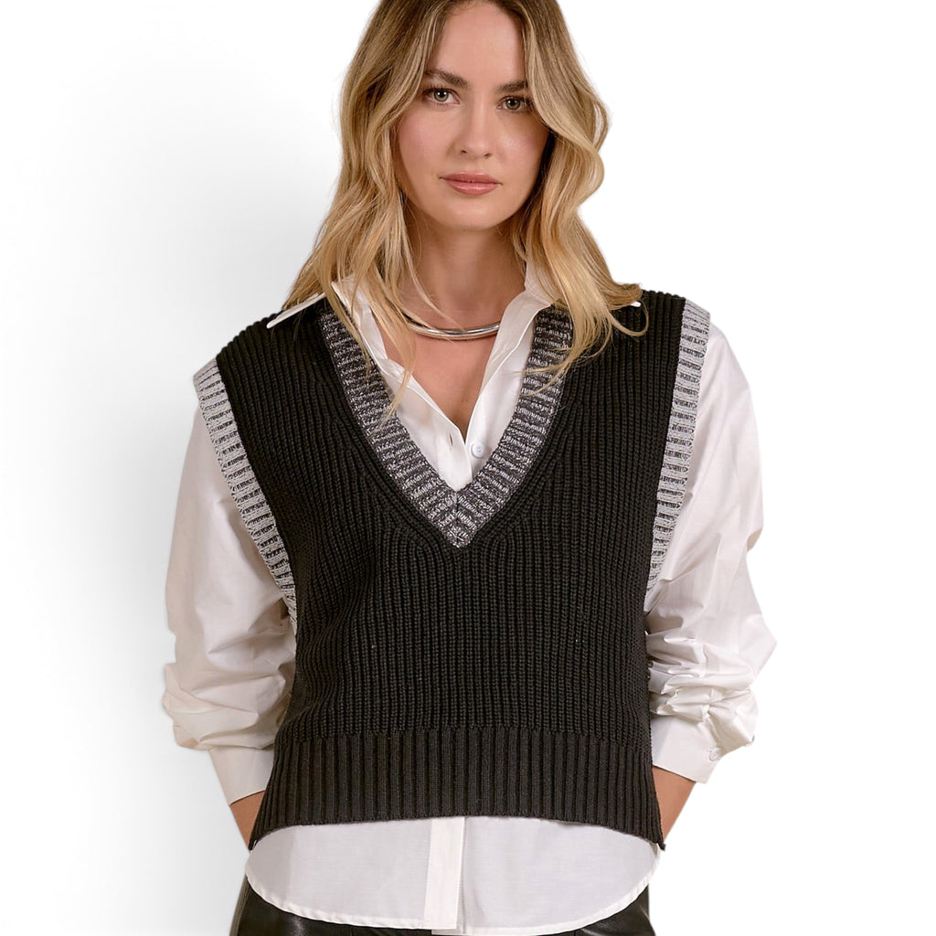 Elan Contrast Trim Chunky Knit Sweater Vest