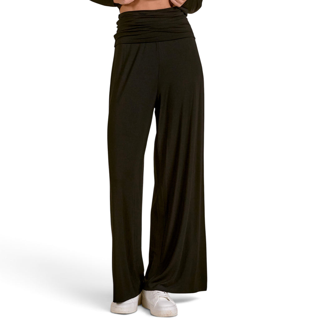 Foldover-Waist With Wide Leg Black Pants