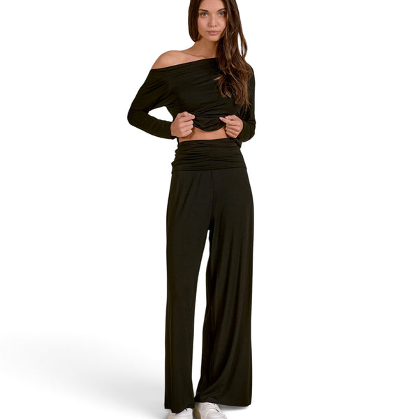 Foldover-Waist With Wide Leg Black Pants