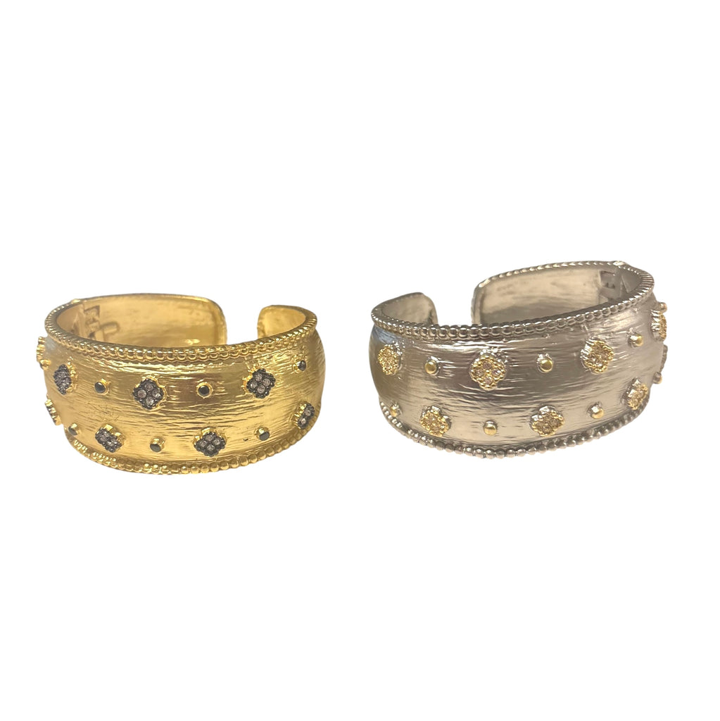 Hinged Textured Cuff Bracelet with Crystal Clover Detail
