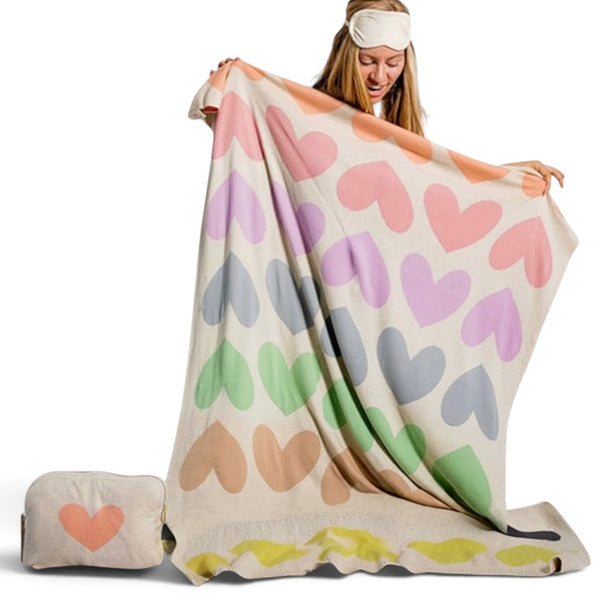Blush Hearts Cotton Travel Blanket And Eye Mask Set