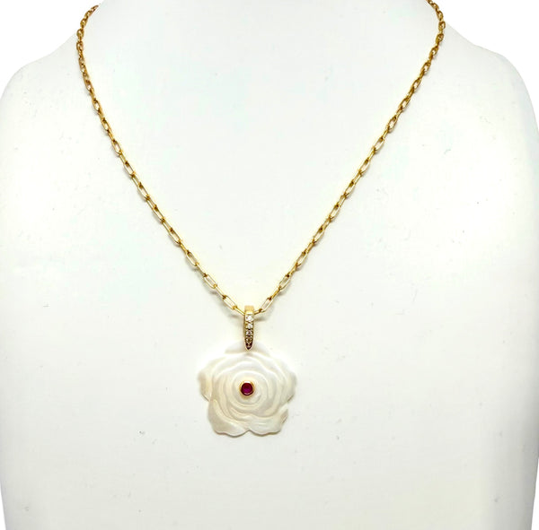 Mother of Pearl Flower Charm With Ruby Red Center Stone