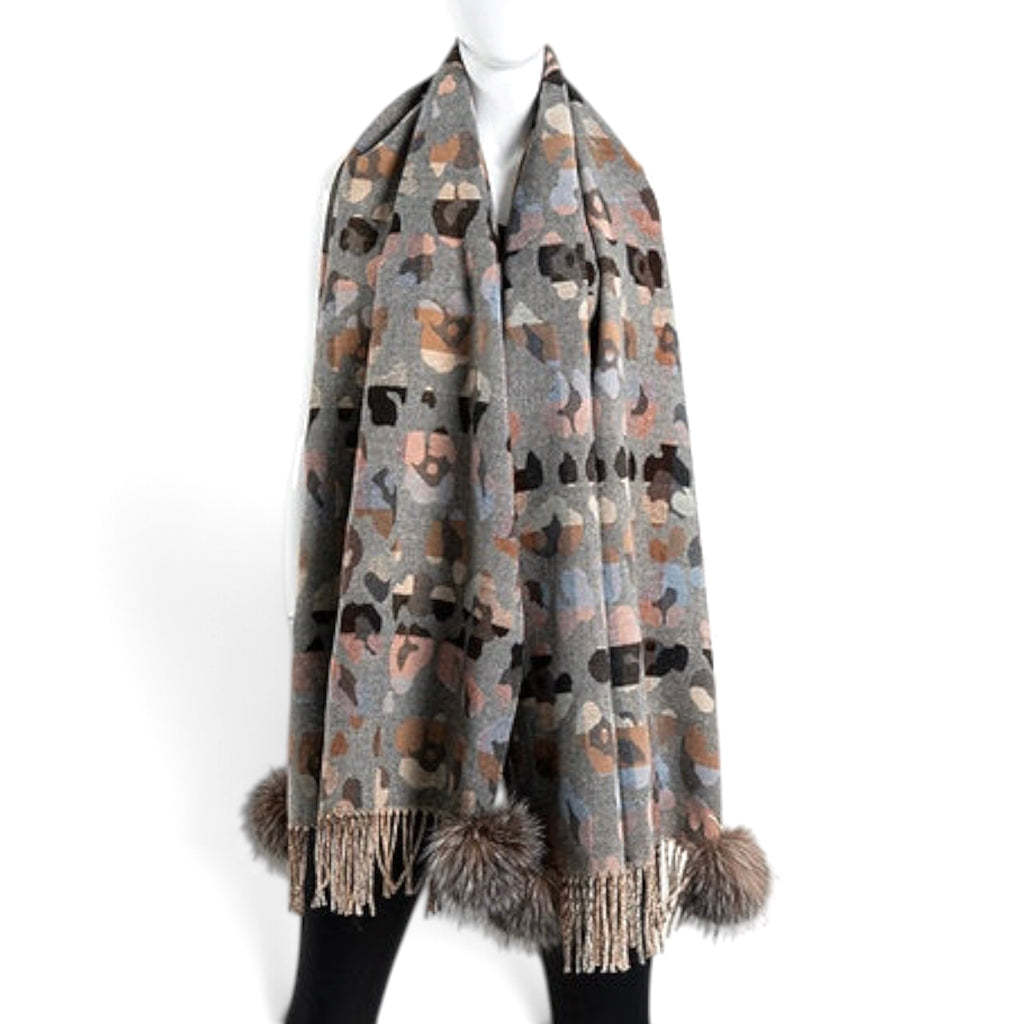 Grey Animal Print Plaid Scarf With Fox Poms