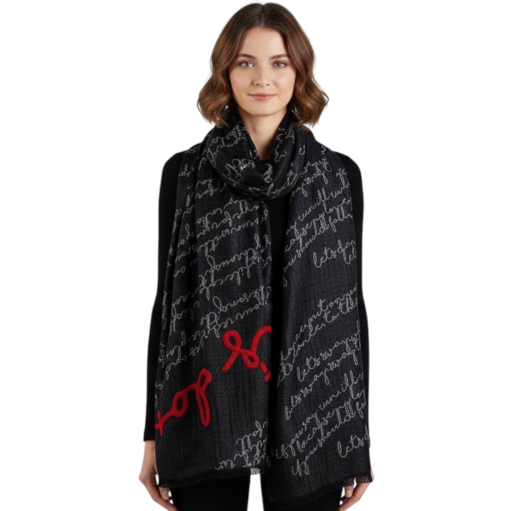 Black And Red “Lets Dance” Woven Scarf With Typography Motif