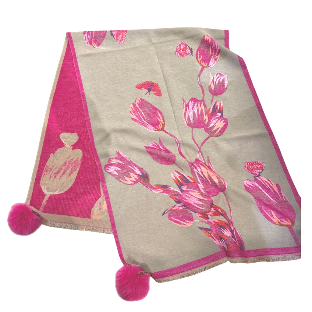 Fuchsia and Taupe Floral Wide Scarf With Fox Poms