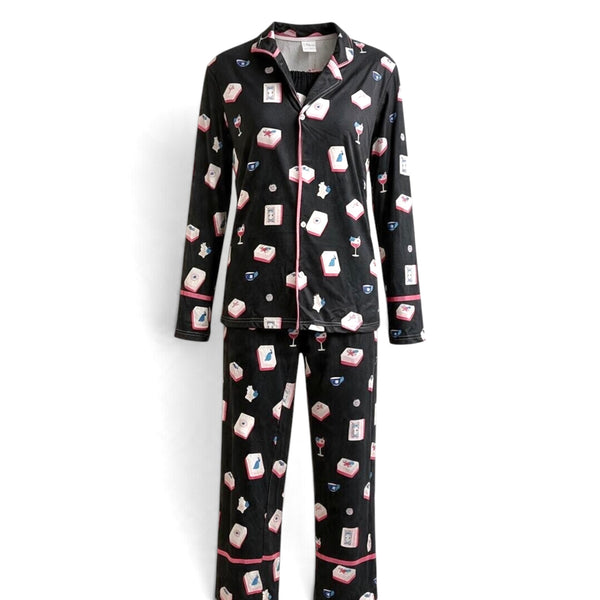 2 Piece Printed Button Down Mahjong Pajama Set