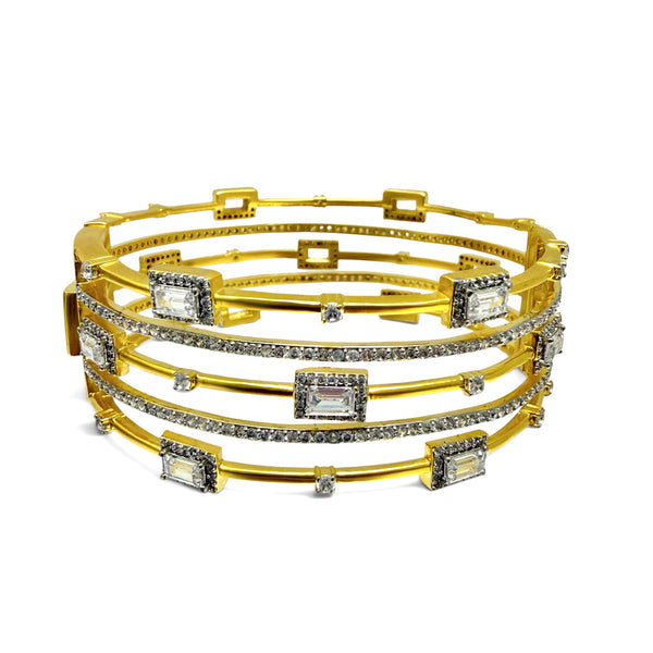 Multi-Row Gold Cuff Bracelet With Emerald Shaped Stones