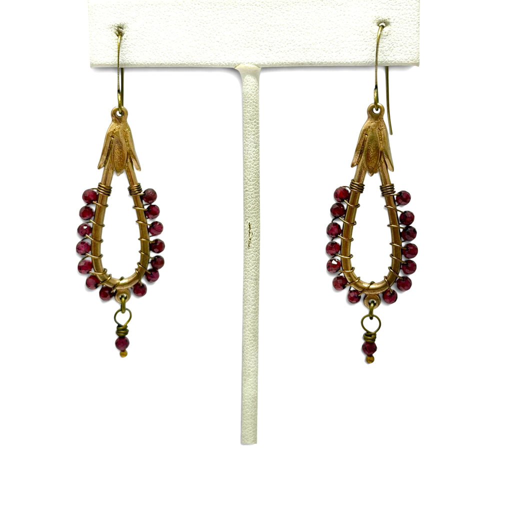 Hatshepsut Long Teardrop Garnet Wrapped Pendant Earrings