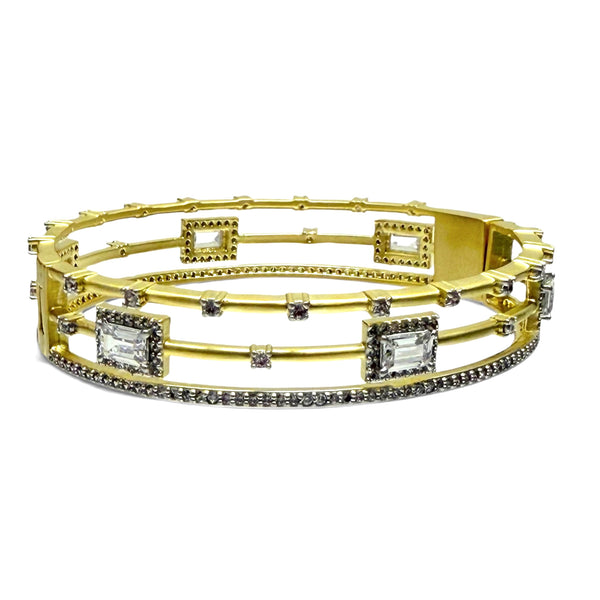 Three-Row Brushed Gold and CZ Cuff Bracelet