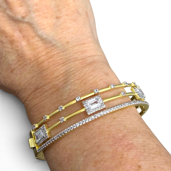 Three-Row Brushed Gold and CZ Cuff Bracelet