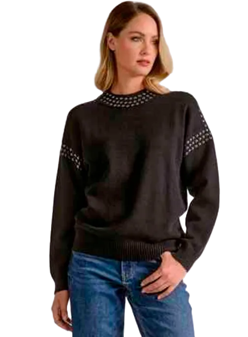 Elan Mock Turtleneck Sweater With Hematite Studs