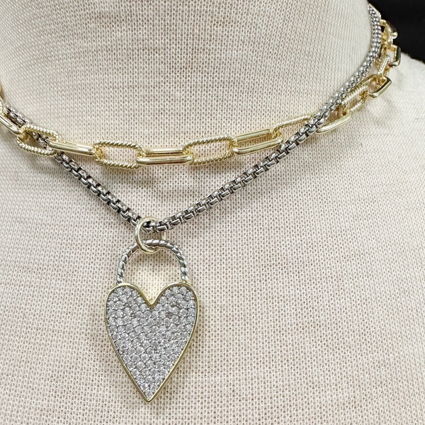 Two-Tone Multi Chain Pave Heart Necklace