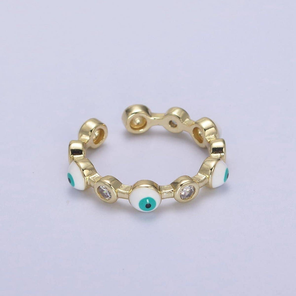 White, Teal, Blue, Black Round Evil Eye Enamel Clear Cz Stackable Ring