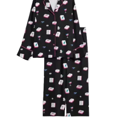 Accessorize Me black pajama set with Mahjong tile and cocktail print, featuring pink piping and button-down top.