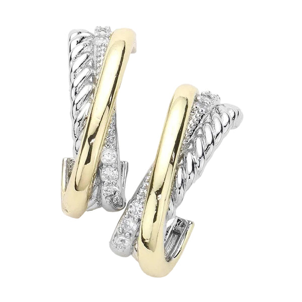 14K Gold Plated Two Tone Cz Stone Paved Crisscross Rope Metal Half Hoop Earrings