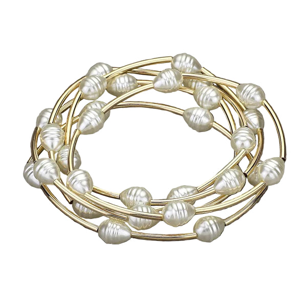 Set of 5 Pearl and Metal Bar Stretch Bracelets