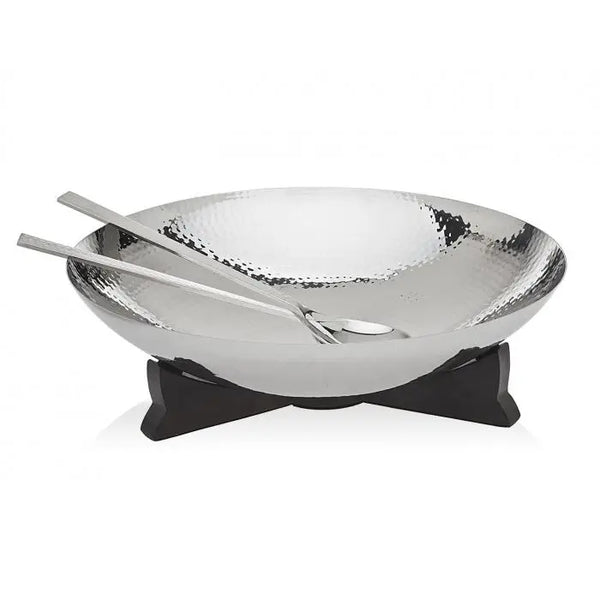 Hammered Silver Bowl with Wood Base and Serving Utensils