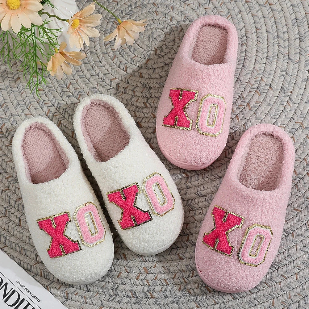Xo Xo Glitter Trim Letter Patched Plush House Slippers