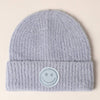 Happy Face Crystal Patch Ribbed Cuff Beanie in
