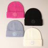 Happy Face Crystal Patch Ribbed Cuff Beanie in