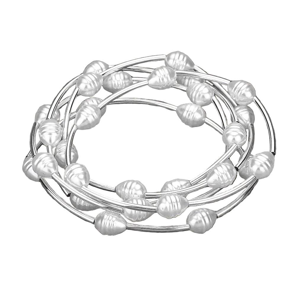 Set of 5 Pearl and Metal Bar Stretch Bracelets