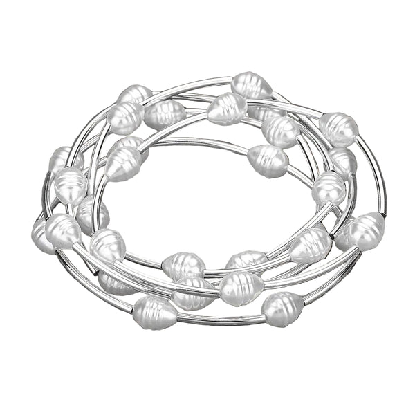 Set of 5 Pearl and Metal Bar Stretch Bracelets